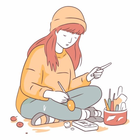 A girl in a yellow sweater is sitting on the floor and draws wit