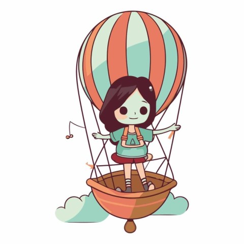 cute little girl flying in hot air balloon cartoon vector illust