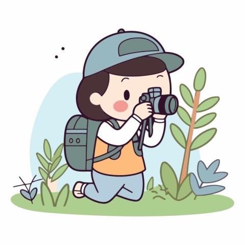 Illustration of a boy taking photos with a camera in the park