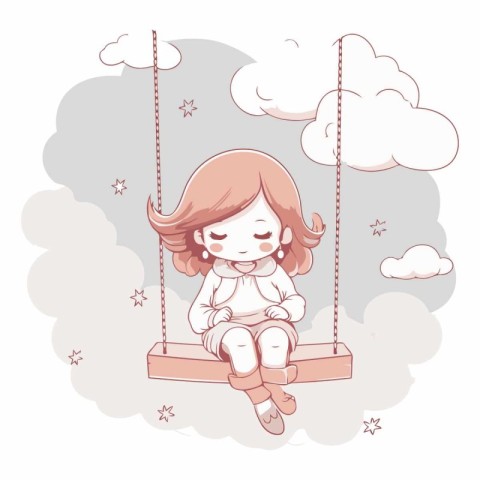 Cute little girl swinging on a swing in cartoon style.