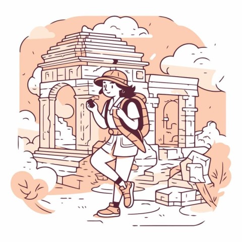 Tourist with backpack and map in hand drawing style.