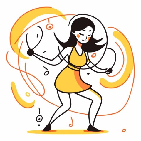 Girl with skipping rope in cartoon style on white background.