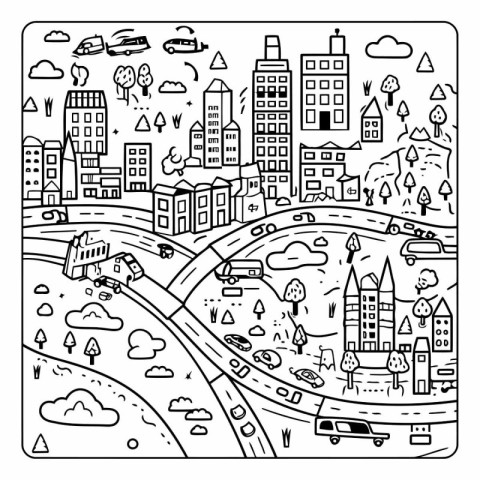 City landscape in doodle style. City map.