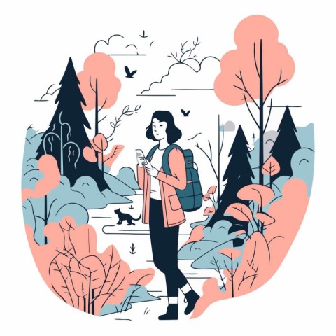 Vector illustration of a girl with a backpack and a smartphone i