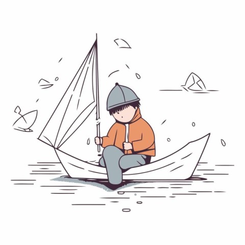 Little boy fishing on a boat in sketch style.