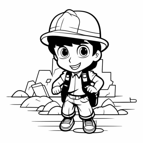 Black and White Cartoon Illustration of Kid Boy Scout or Explore