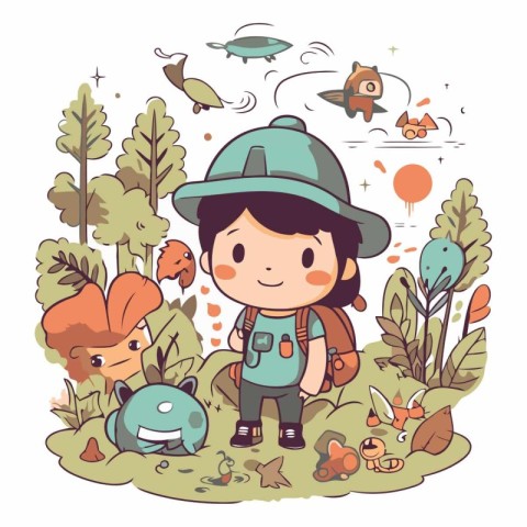 Cute cartoon explorer boy with backpack in the forest.