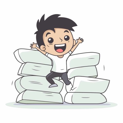 cartoon happy boy sitting on pile of stones.