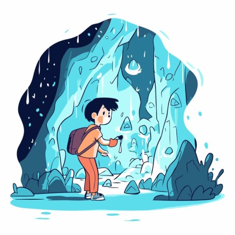 Man with a backpack standing near a waterfall in sketch style.