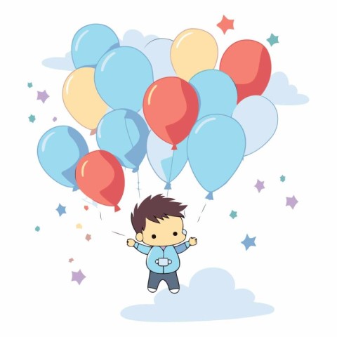 cute boy flying with balloons in the sky.