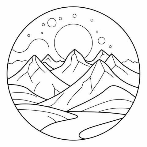 Mountain landscape. Black and white illustration in a circle on