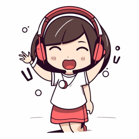 Cute girl listening to music with headphones. Vector cartoon ill