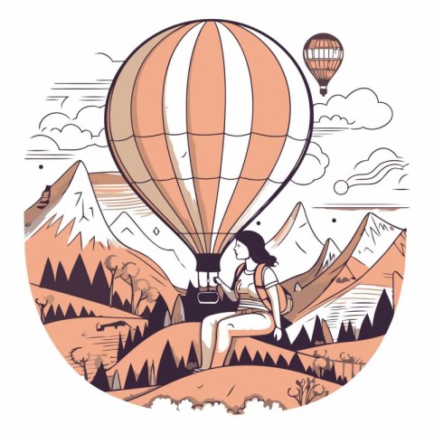 Woman with hot air balloon in the mountains. Hand drawn vector i