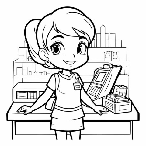 Black and White Cartoon Illustration of Cute Little Girl Shoppin