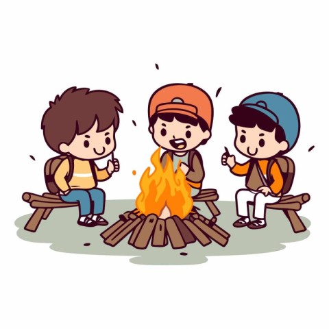 Camping kids sitting by the campfire. cartoon vector illustratio