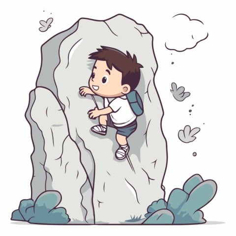 Little boy climbing up the rock in cartoon style.