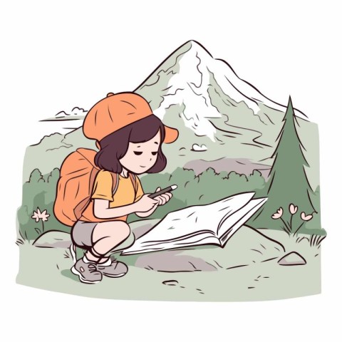 Cute little girl with backpack and map in the mountains.