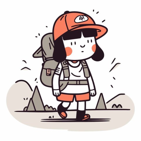 Cartoon vector illustration of a female hiker walking in the mou