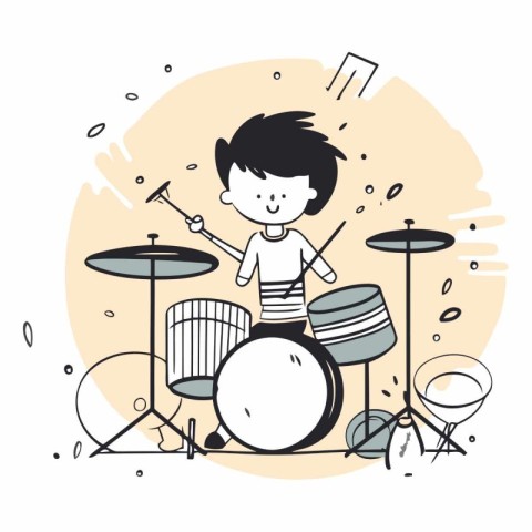 Boy playing drums. Cute cartoon character. Vector hand drawn ill