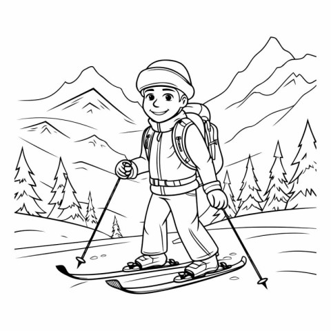 Boy skiing in the mountains. black and white vector illustration