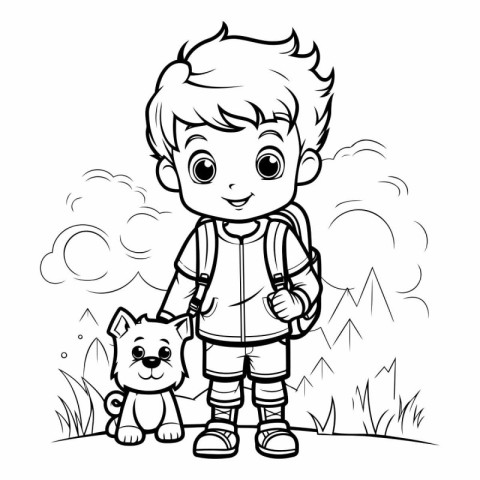 Outline illustration of a little boy with a backpack and his dog