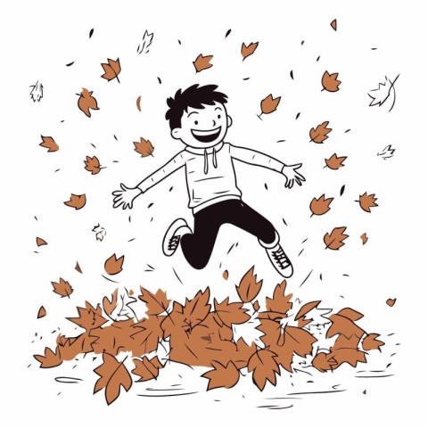 Happy boy jumping in autumn leaves of a happy boy jumping in aut