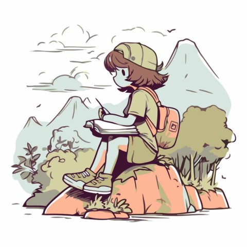 Illustration of a girl with a backpack sitting on a rock.