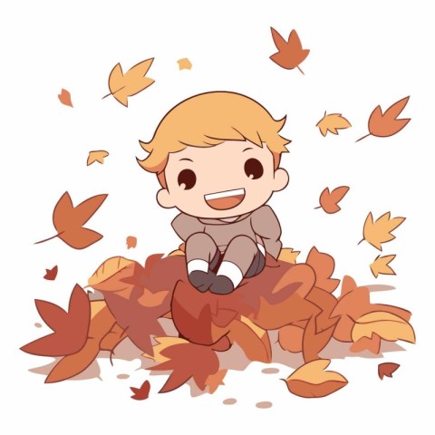 Cute little boy sitting on a pile of autumn leaves.