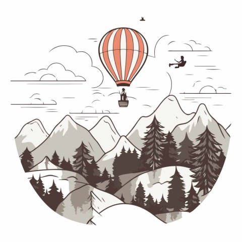 Hot air balloon flying over the mountains. Vector hand drawn ill