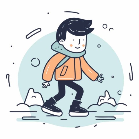 Vector illustration of a boy in winter clothes skating on the ic