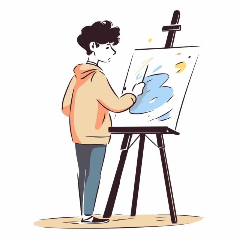 Artist drawing on easel in cartoon comic style.