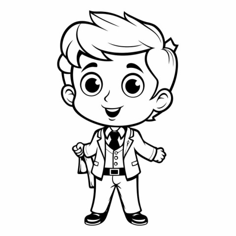 Boy in School Uniform - Black and White Cartoon Illustration. Ve