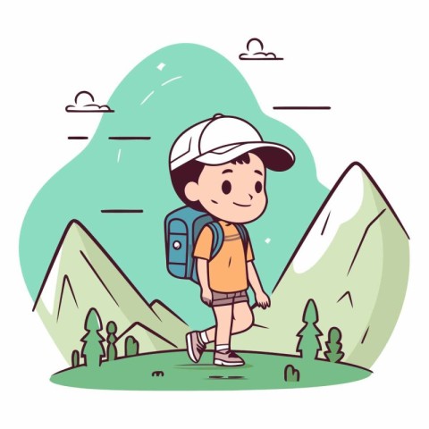 Cute little boy with backpack hiking in mountains.