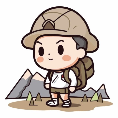 Boy scout with mountain and campground in the background.