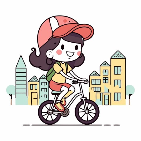 Cute girl riding a bicycle in the city.