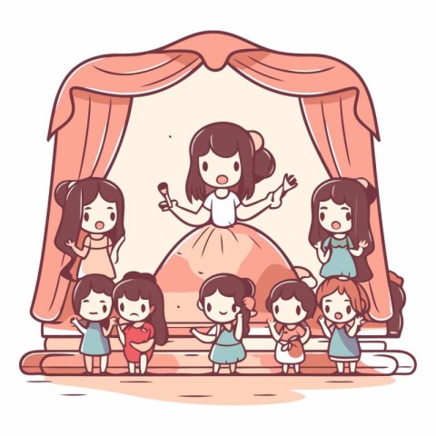 Illustration of a cute little girl and her friends on stage.