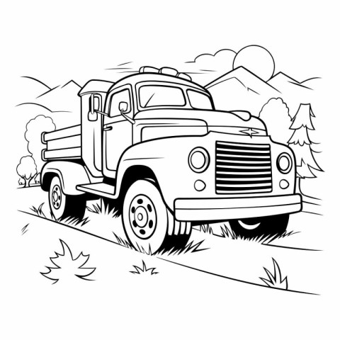 Pickup truck on the road. Black and white vector illustration.