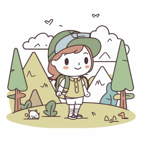 Illustration of a Cute Girl Hiking in the Forest.