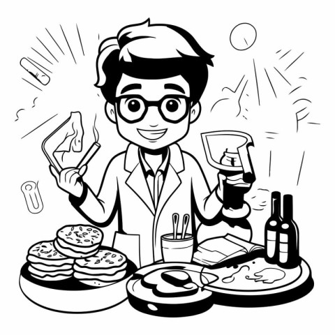 Illustration of a man holding a glass of wine and eating pizza