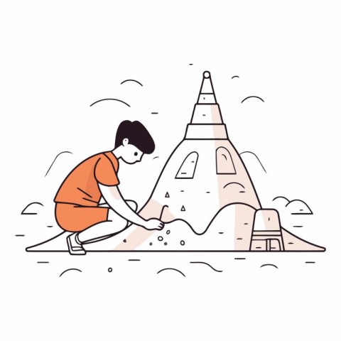 Boy building a sand castle in line art style.