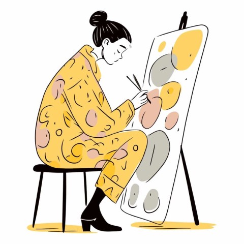 Illustration of a girl painting a picture on a easel.