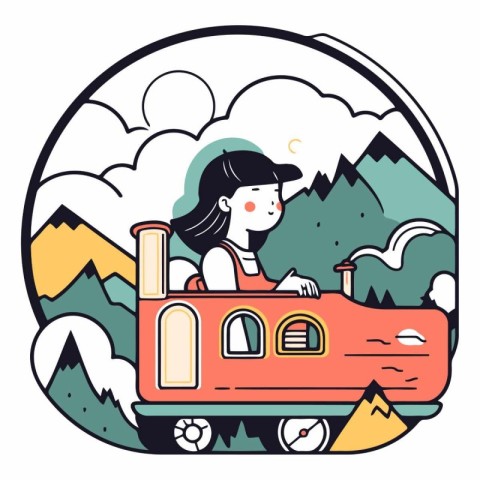 Vector illustration of a girl riding a train on the background o