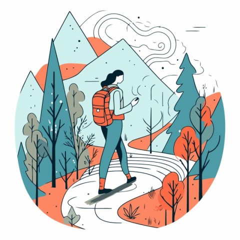 Vector illustration of a girl with a backpack skiing in the moun