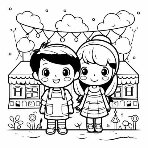 Coloring Page Outline Of cartoon little boy and girl on the stre