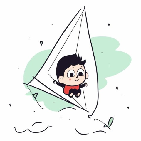 Vector illustration of a boy flying in the sky on a sailboat