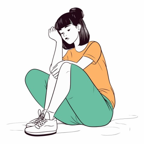 Sad young woman sitting on the floor. Vector hand drawn illustra