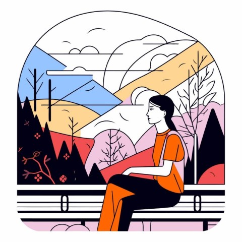 Young woman sitting on bench in city park in flat style