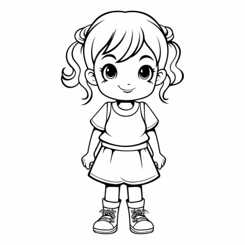 Cute little girl cartoon in black and white vector illustration