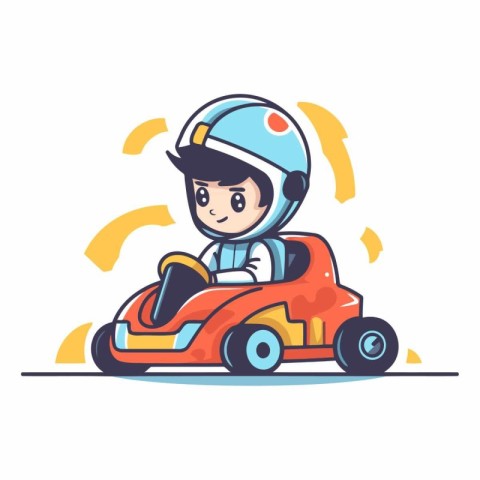 Cute little boy driving a race car in cartoon style.