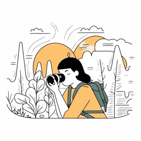 Vector illustration of a girl with a backpack and binoculars in